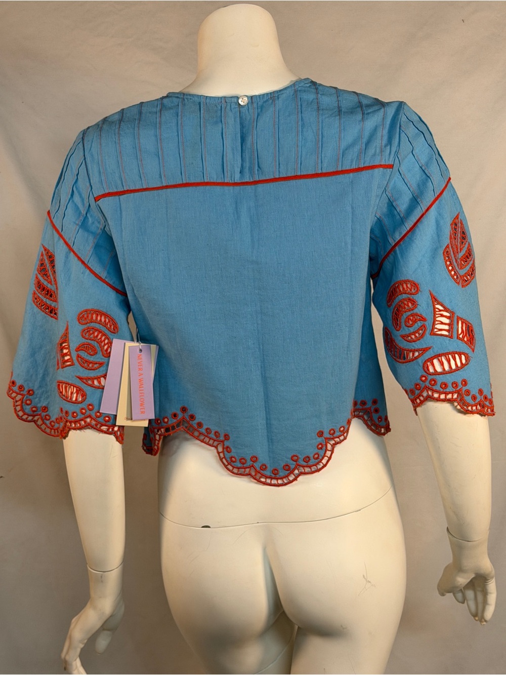 Never A Wallflower Embroidered Light Blue Cropped Top with orange Trim - Picture 12 of 15